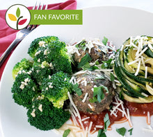 Load image into Gallery viewer, Spaghetti Zoodles &amp; Bison Meatballs with Garlic Lemon Broccoli