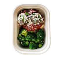 Load image into Gallery viewer, Spaghetti Zoodles &amp; Bison Meatballs with Garlic Lemon Broccoli