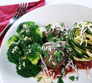 Spaghetti Zoodles & Bison Meatballs with Garlic Lemon Broccoli
